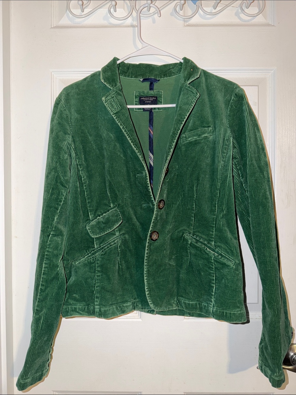 American Eagle Green Corduroy Blazer Jacket Fitted Plaid Lined Tweed Vibe